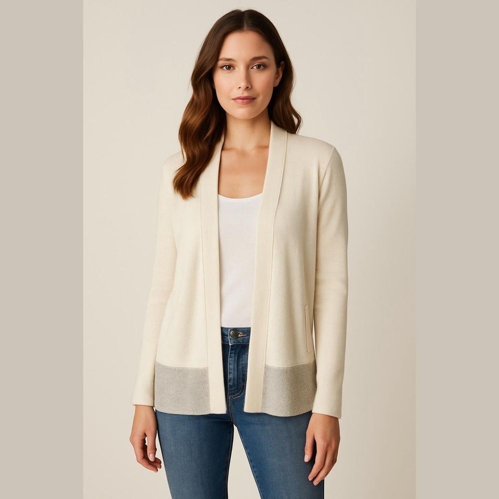 Cashmere Cream Open Front Cardigan w/Silver Lurex Hem Size L